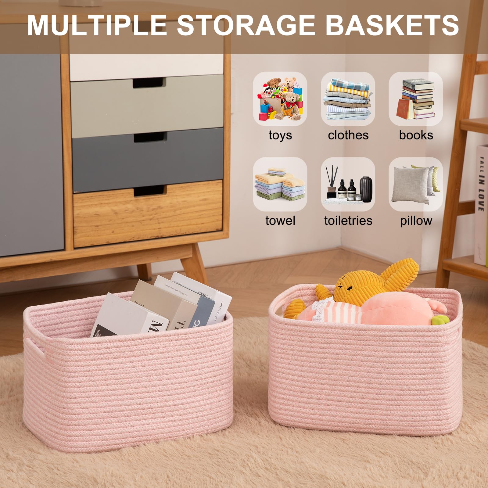 OIASKET pink basket with books keeps shelves tidy and accessible