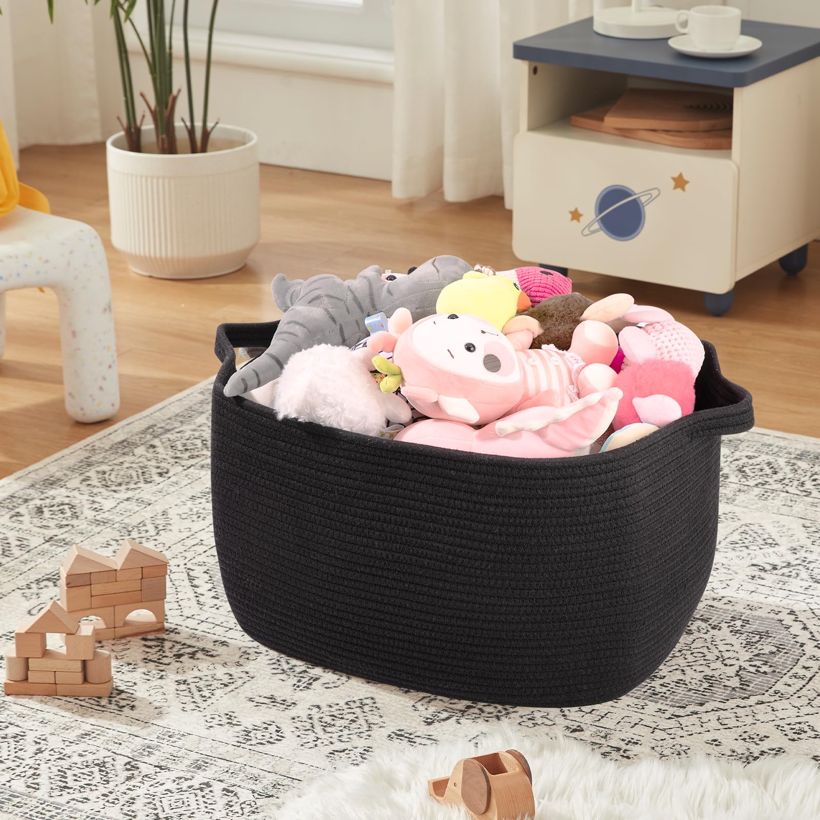 Oiasket towel storage basket in black for towels in bathroom or laundry