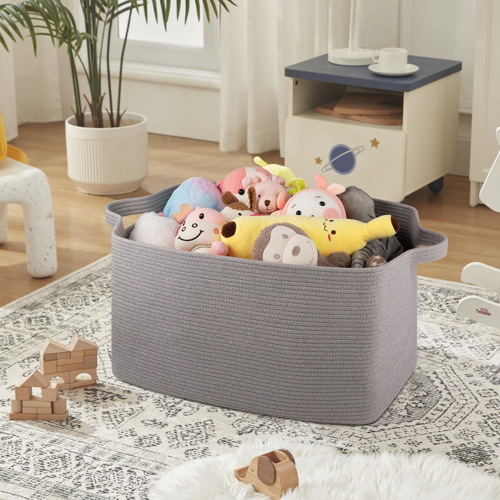 OIASKET basket stores towels and clothes, aiding closet organization.