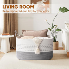 OIASKET woven cotton rope basket in gray and white shows soft texture and durable construction