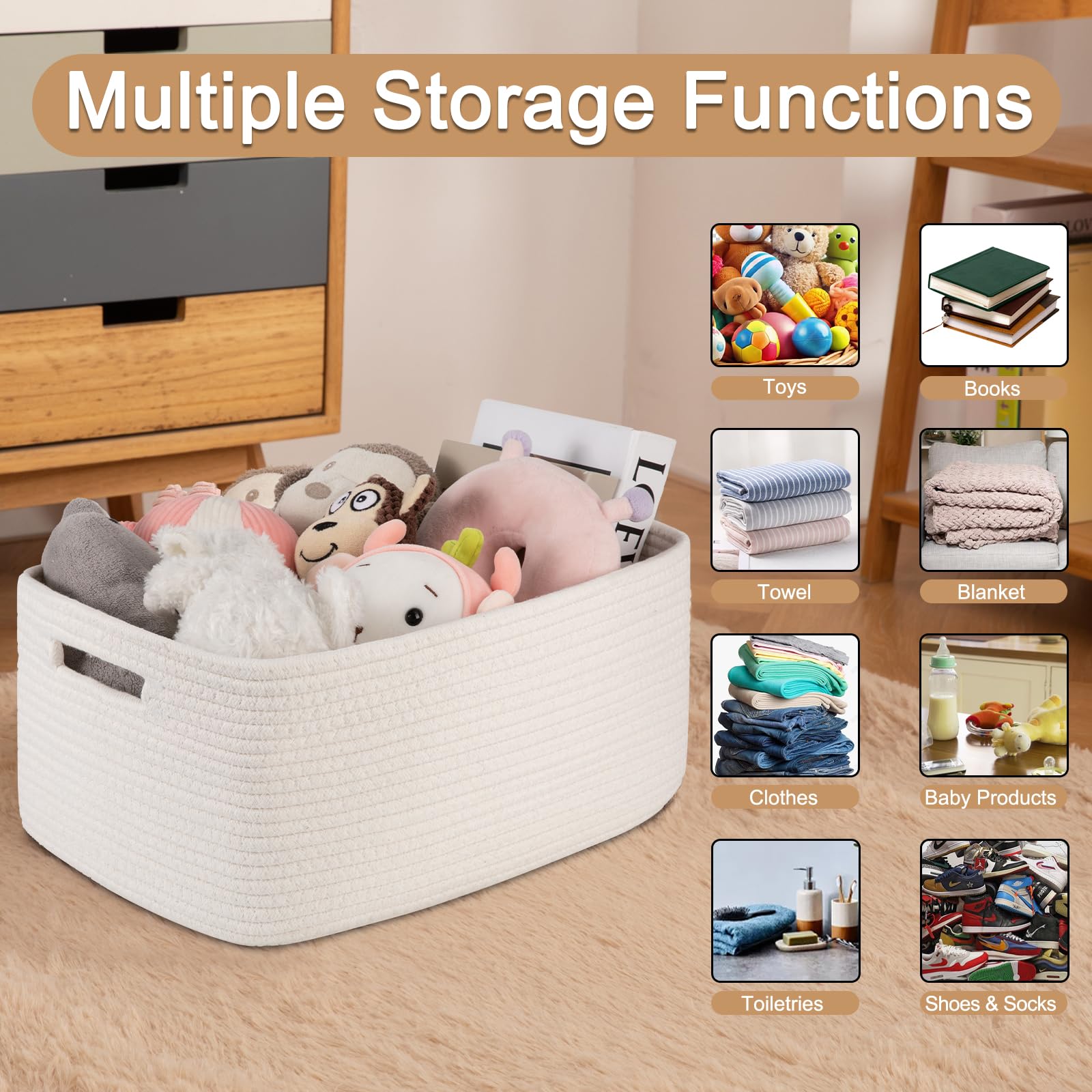 OIASKET woven rope basket texture enhances decor while storing blankets or baby items.