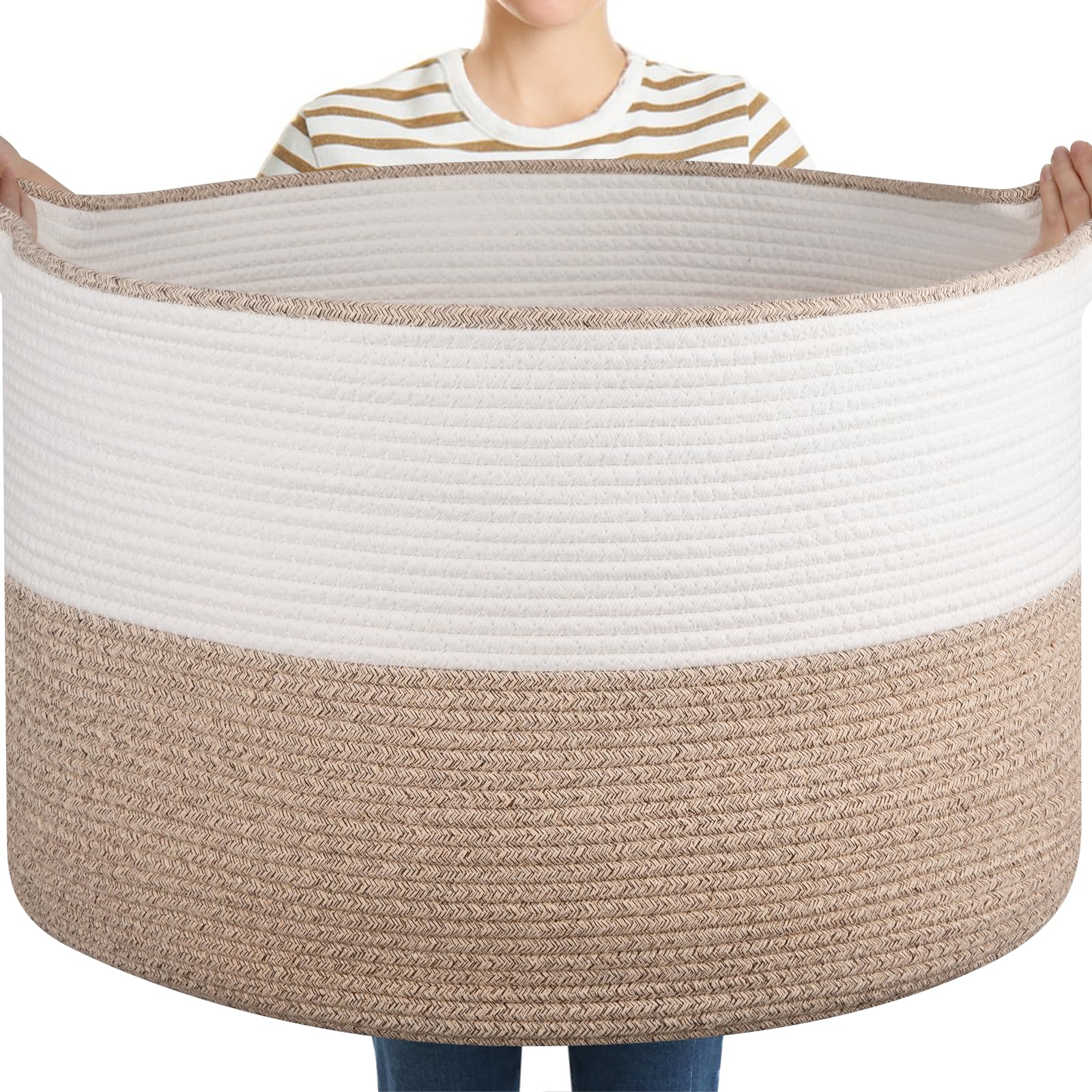 OIASKET XXL brown white basket front view showing spacious blanket storage and tidy room decor.