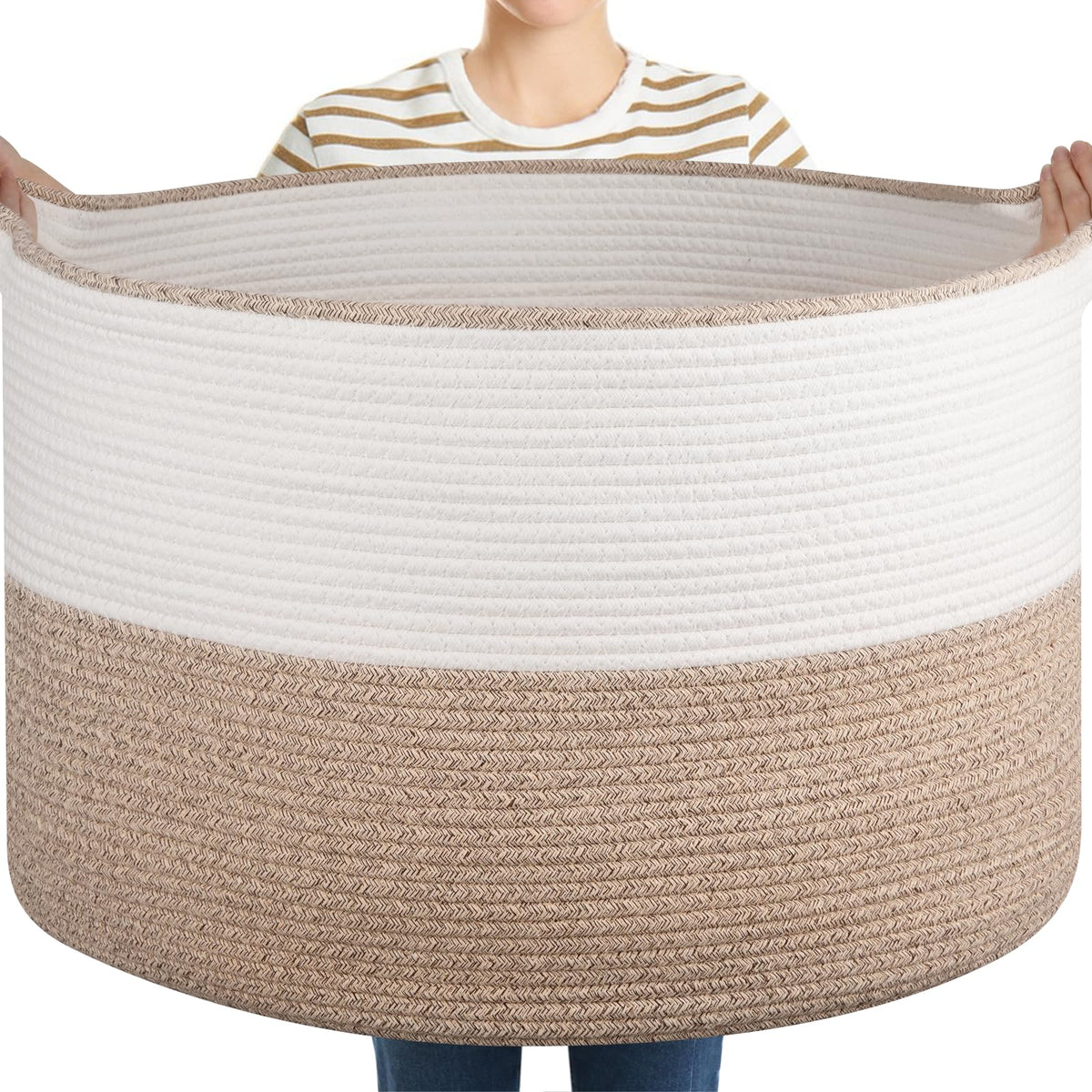 OIASKET XXL brown white basket front view showing spacious blanket storage and tidy room decor.