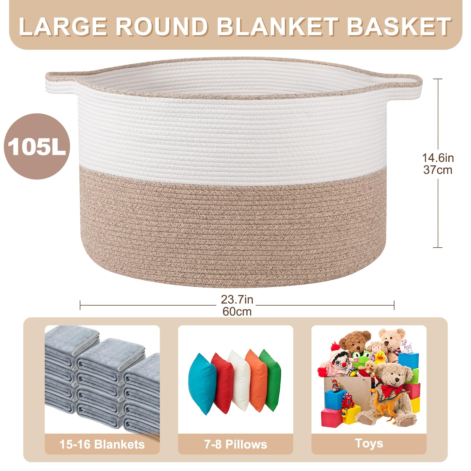OIASKET XXL brown white basket with handles for portable laundry and toy storage.