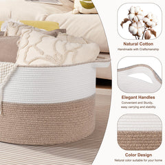 OIASKET XXL brown white basket in living room as neutral decor and storage.