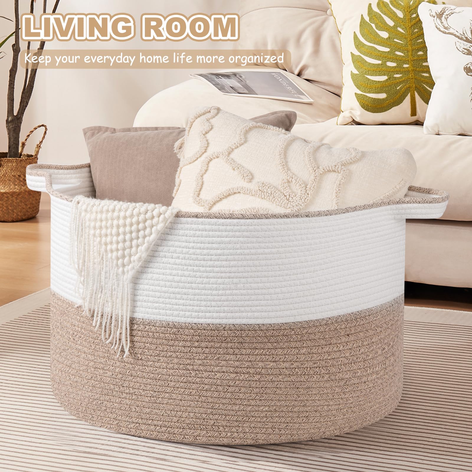 OIASKET XXL brown white basket open with towels illustrating easy access to linens.