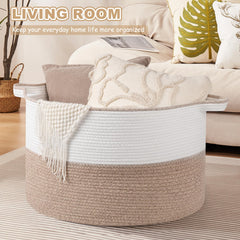 OIASKET XXL brown white basket open with towels illustrating easy access to linens.