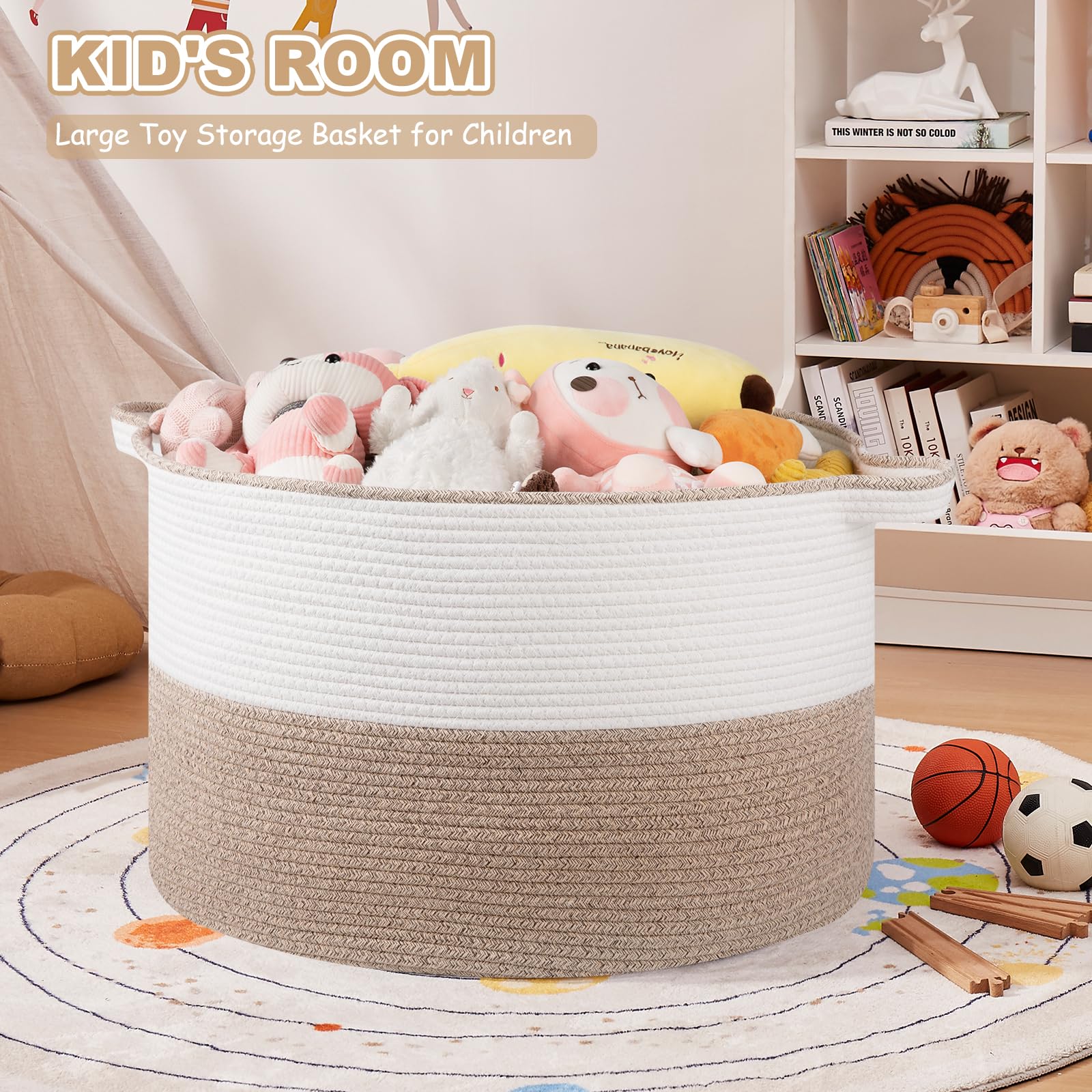 OIASKET XXL brown white basket used as toy storage for kids room.