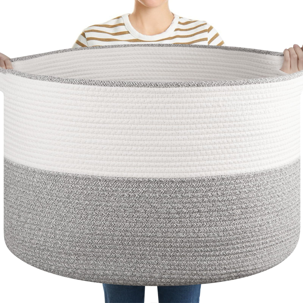 OIASKET XXL blanket basket with handles in grey-white for organization