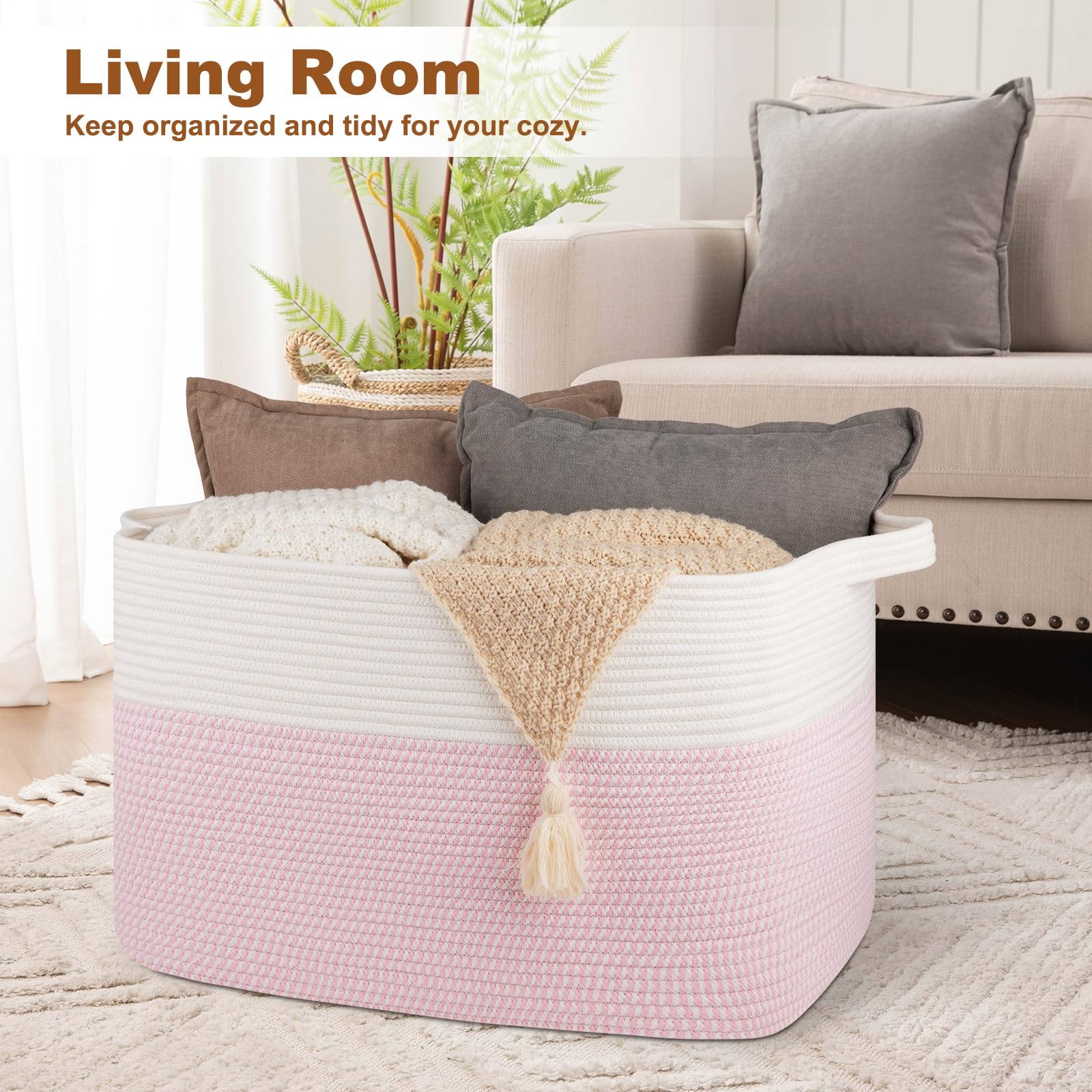 OIASKET XXXL blanket basket shows soft cotton rope texture for durable living room storage.
