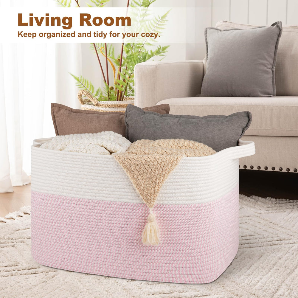 OIASKET XXXL blanket basket shows soft cotton rope texture for durable living room storage.