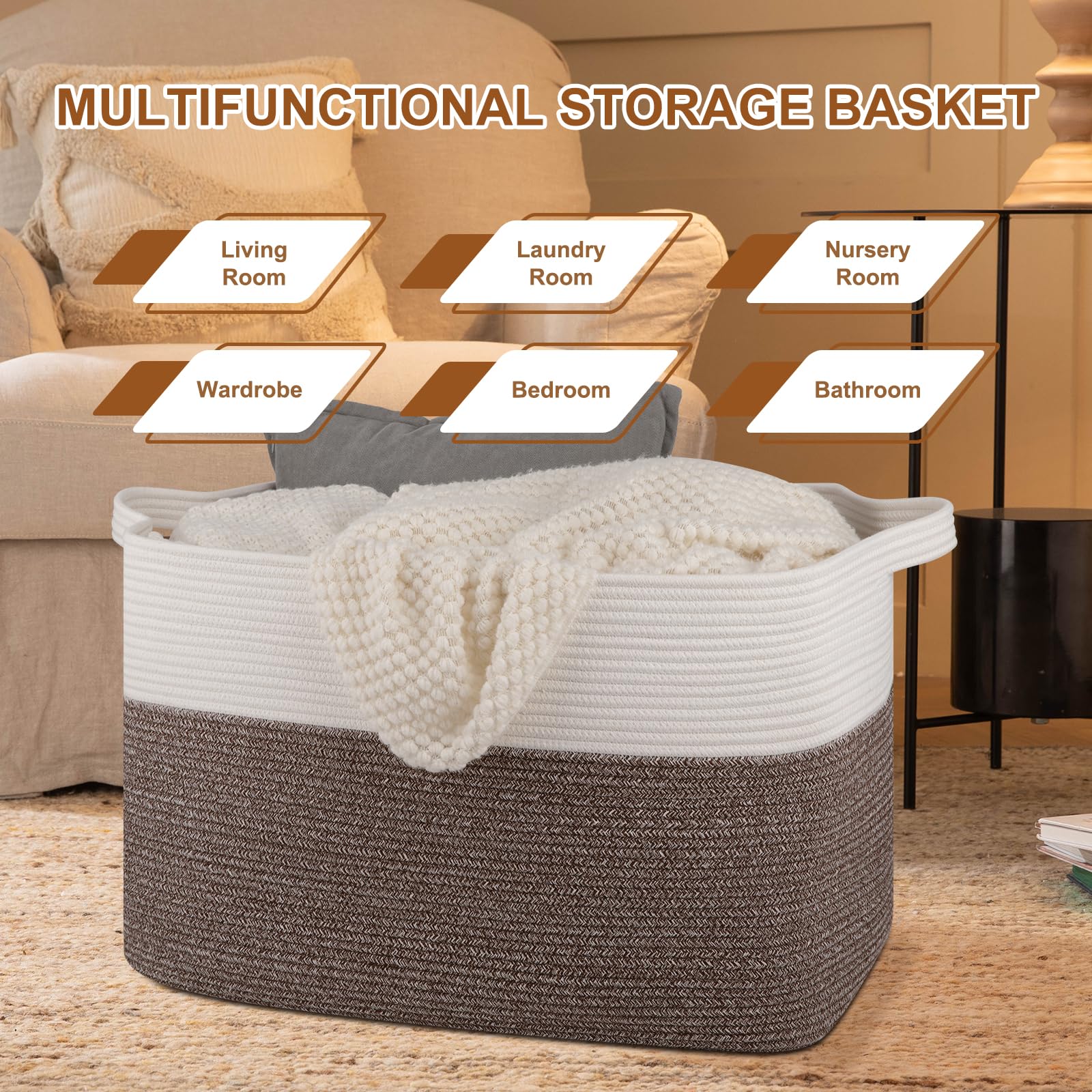 OIASKET XXXL blanket basket sturdy handles enable easy transport between rooms.