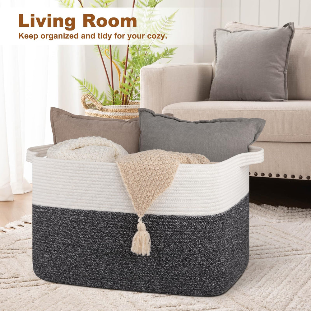 OIASKET XXXL blanket storage in living room wide view highlights 108L capacity.
