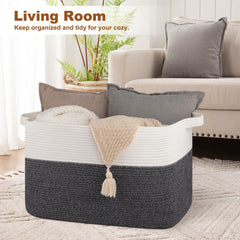 OIASKET XXXL blanket storage in living room wide view highlights 108L capacity.