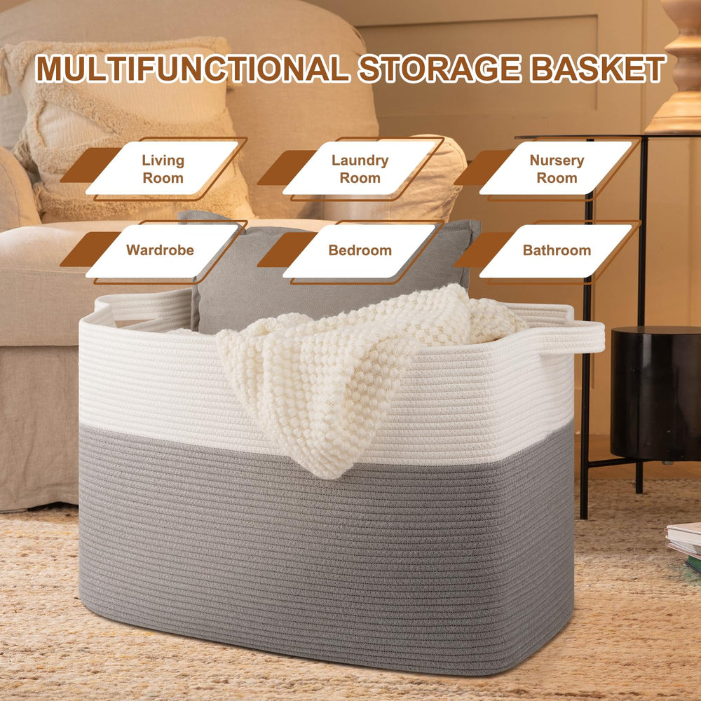 OIASKET XXXL blanket basket full of blankets demonstrates space-saving organization in living room