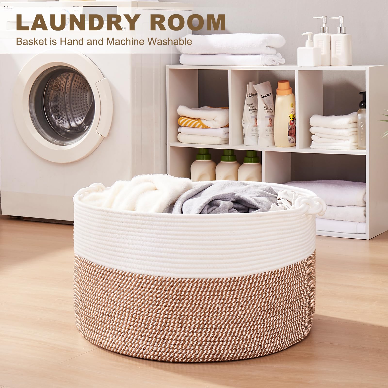 OIASKET yellow and white decor basket enhances neutral home style.