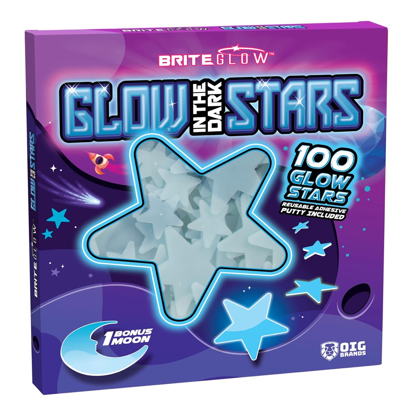 OIG Brands blue glow stars 100-pack ready for easy ceiling decor and gifting.