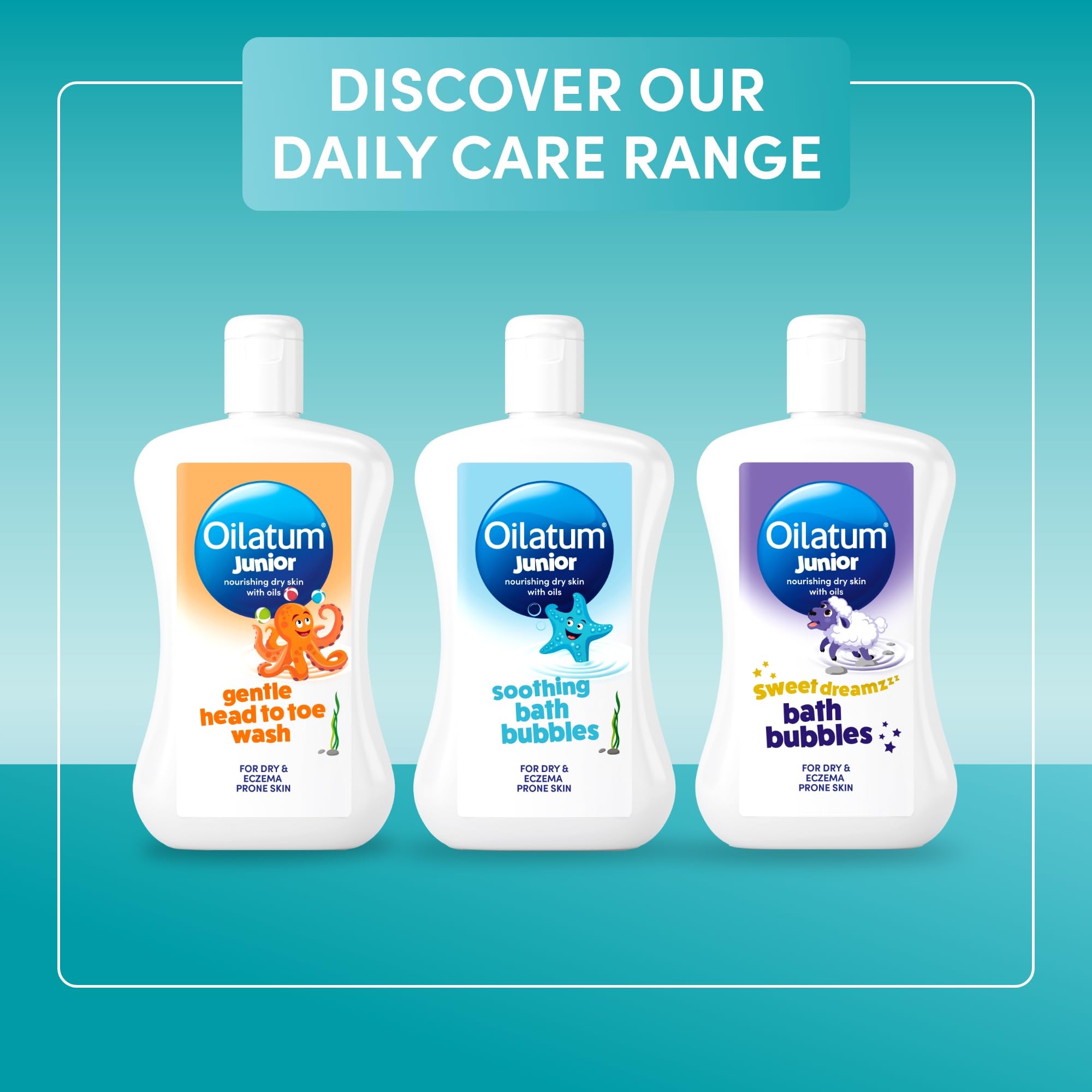 Oilatum Daily Junior Head To Toe Wash bottle image highlights eye-friendly cleansing for sensitive skin.