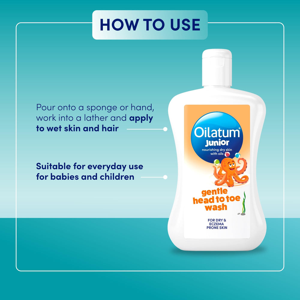 Oilatum Daily Junior Head To Toe Wash with kids' bath toys signals everyday routine.