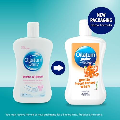 Oilatum Daily Junior Head To Toe Wash on bathroom shelf shows daily baby-friendly routine.