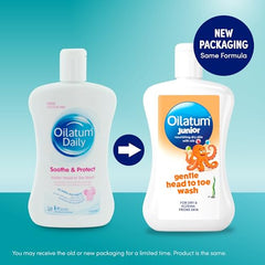 Oilatum Daily Junior Head To Toe Wash on bathroom shelf shows daily baby-friendly routine.