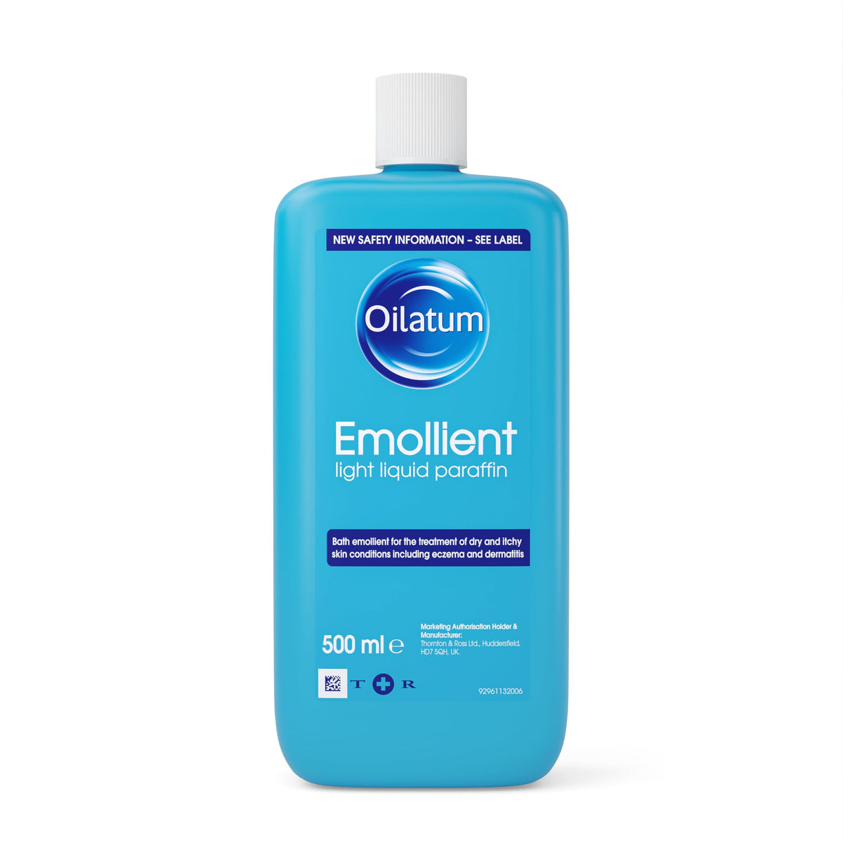 Oilatum Emollient 500ml bottle front shows soothing daily moisturiser for dry skin.