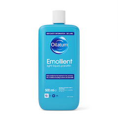 Oilatum Emollient 500ml bottle front shows soothing daily moisturiser for dry skin.