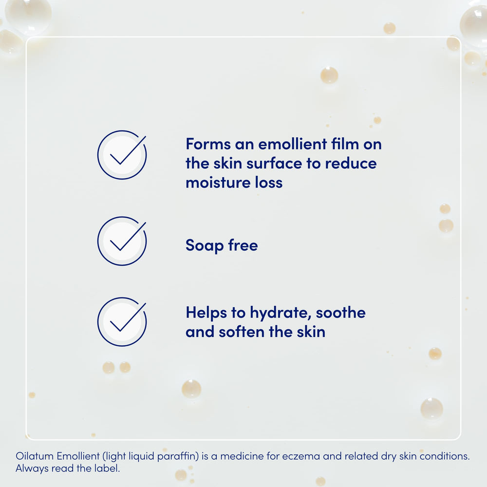Oilatum Emollient 500ml ingredients panel highlights paraffin-based moisturisation approach.