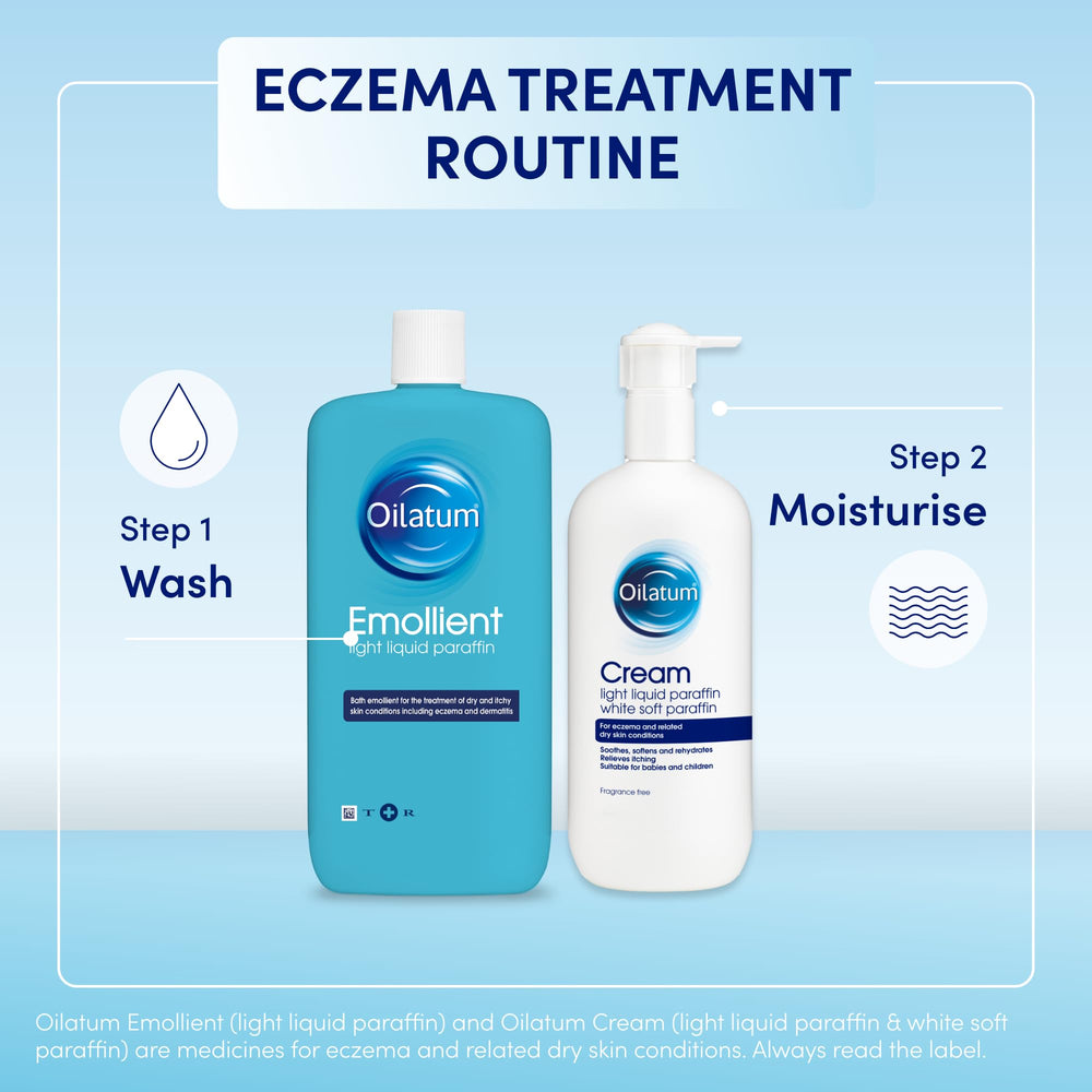 Oilatum Emollient 500ml label details show fragrance and skin-friendly emollient formula.