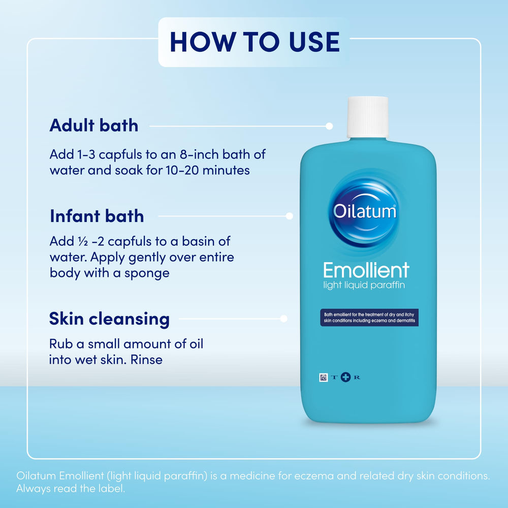 Oilatum Emollient 500ml packaging back reveals usage instructions and safety notes.