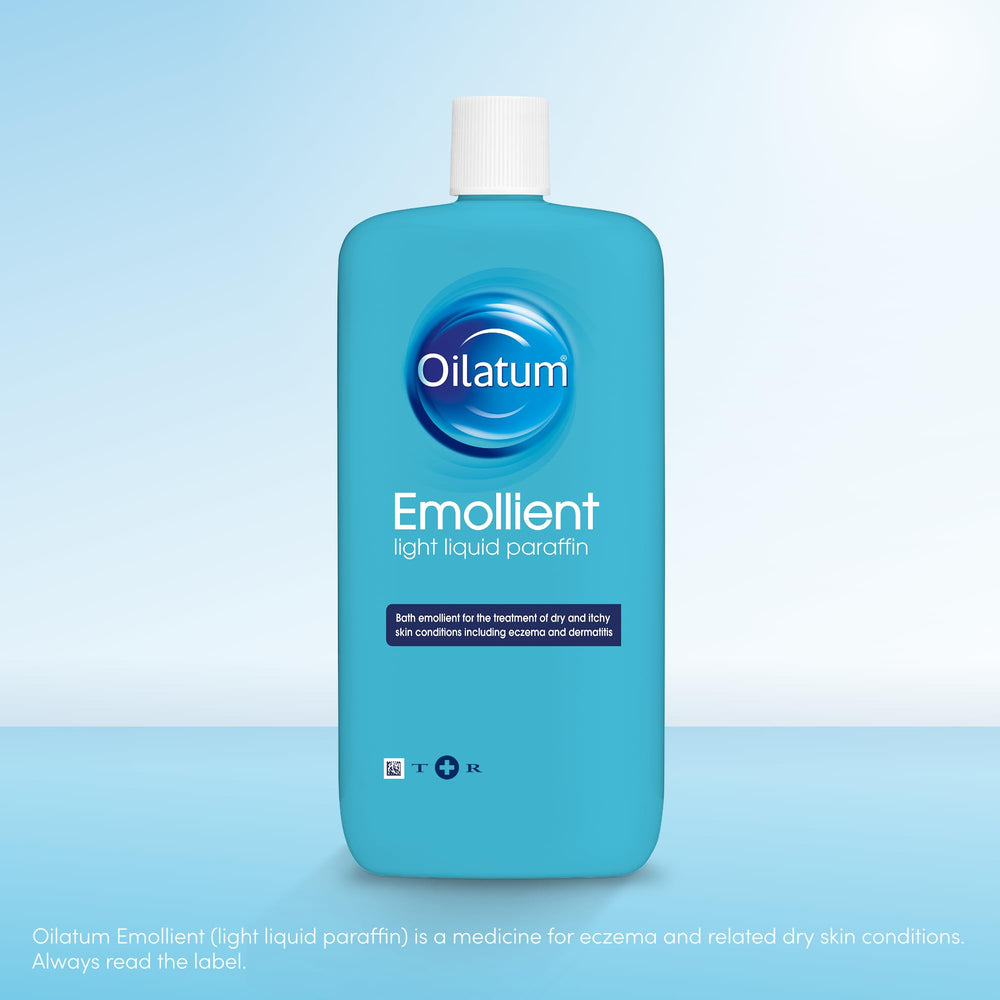 Oilatum Emollient 500ml pour action demonstrates easy application for moisturised skin.