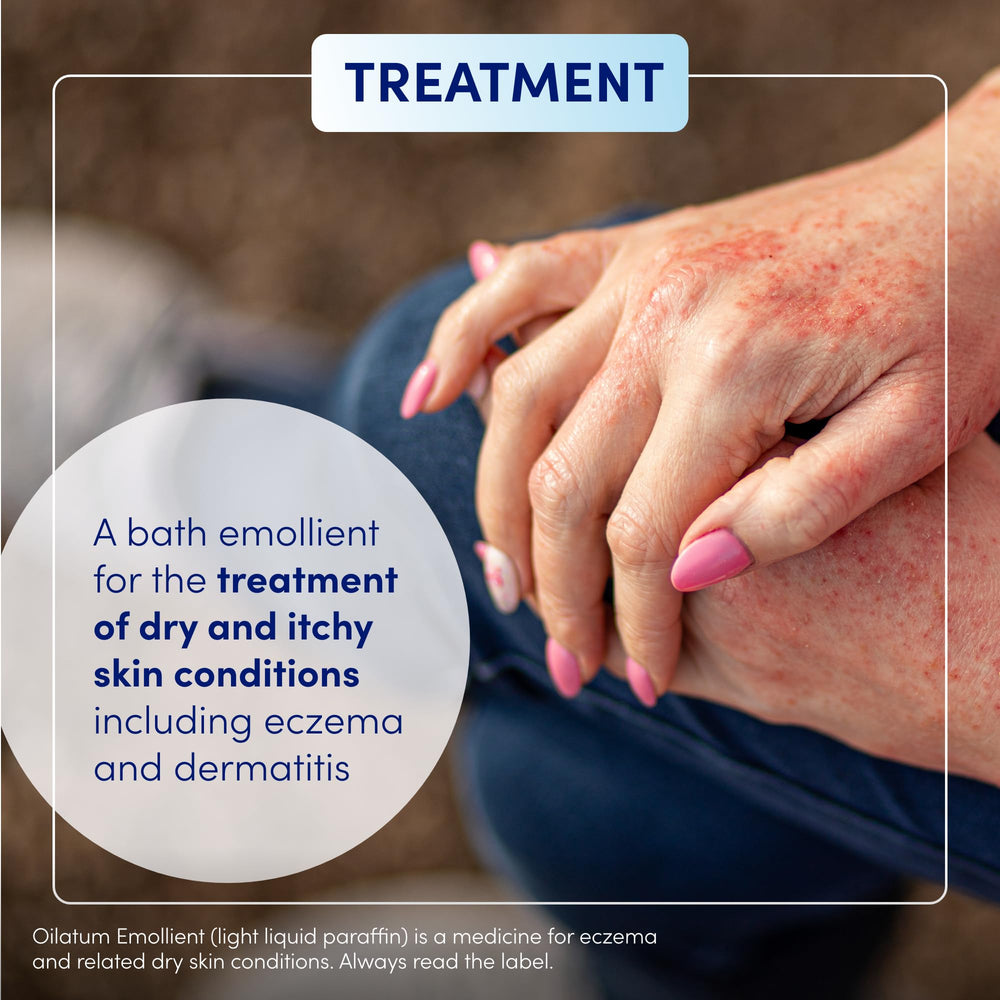 Oilatum Emollient 500ml skin application demonstrates protective layer for softened skin.
