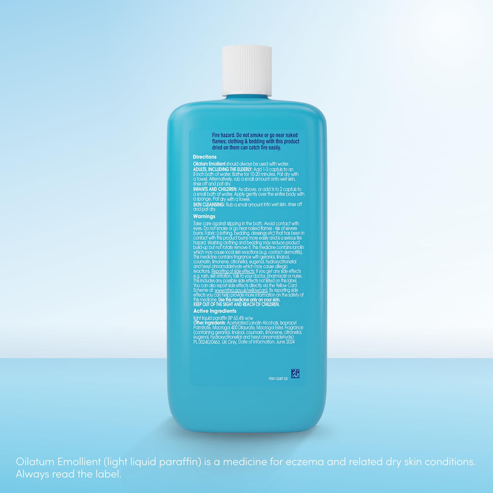 Oilatum Emollient 500ml texture swatch highlights rich film forming moisture.