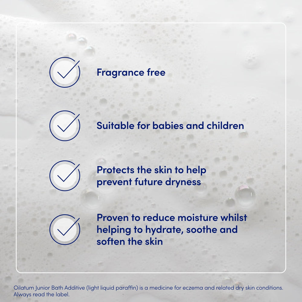 Oilatum Junior Bath Formula 300ml bottle being poured for gentle cleansing.