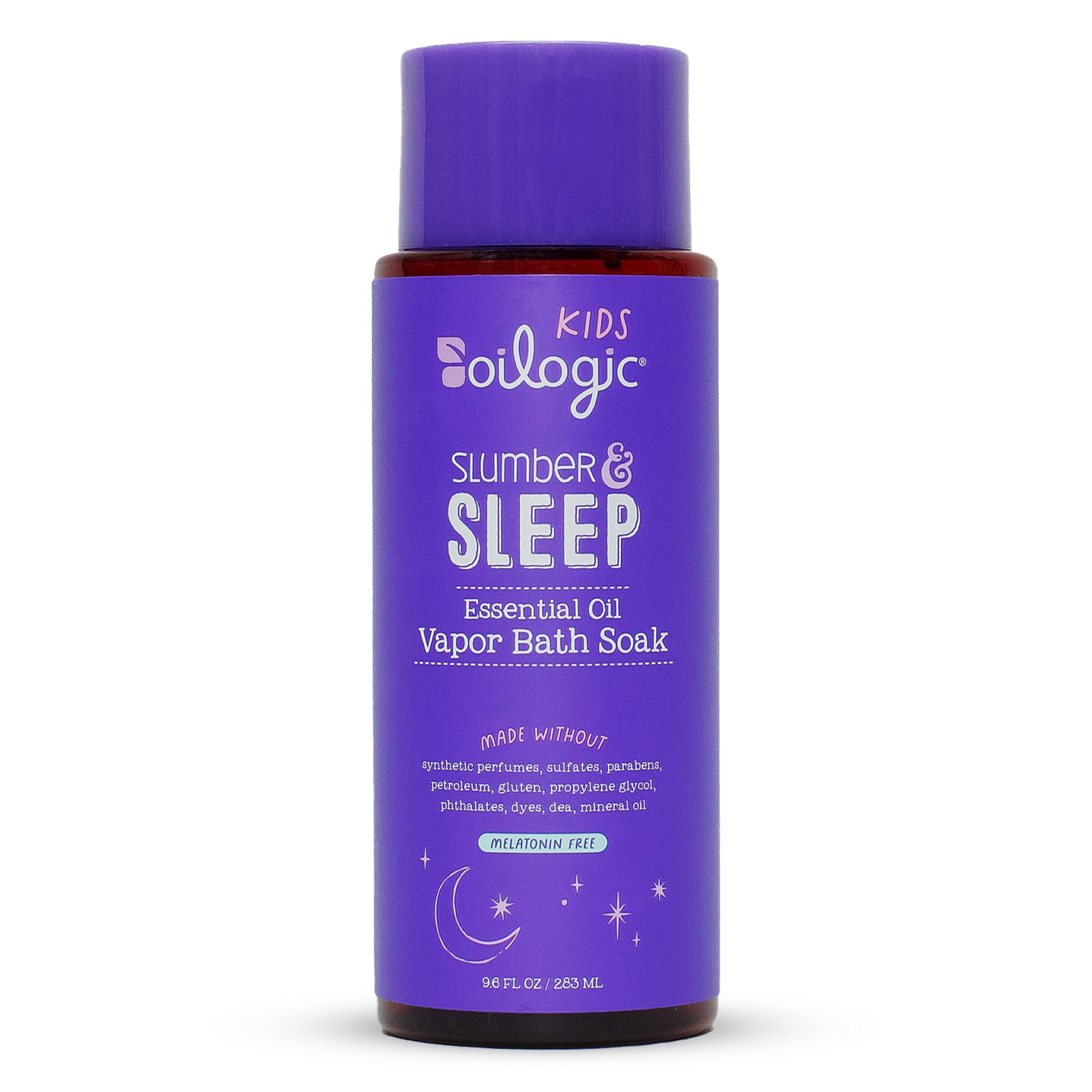 Oilogic Slumber & Sleep Vapor Bath Soak bottle pour demonstrates calming lavender for soothing bath time