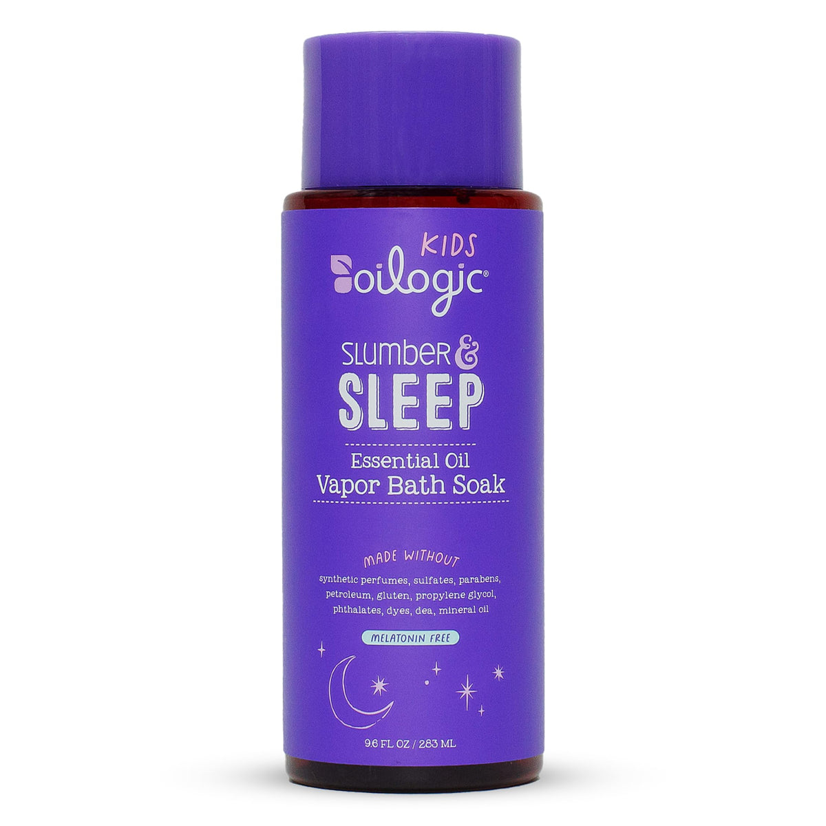 Oilogic Slumber & Sleep Vapor Bath Soak bottle pour demonstrates calming lavender for soothing bath time