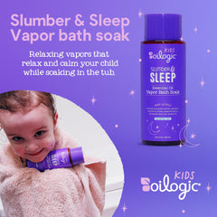 Oilogic Slumber & Sleep Vapor Bath Soak label close-up highlights pure essential oils for gentle baby care
