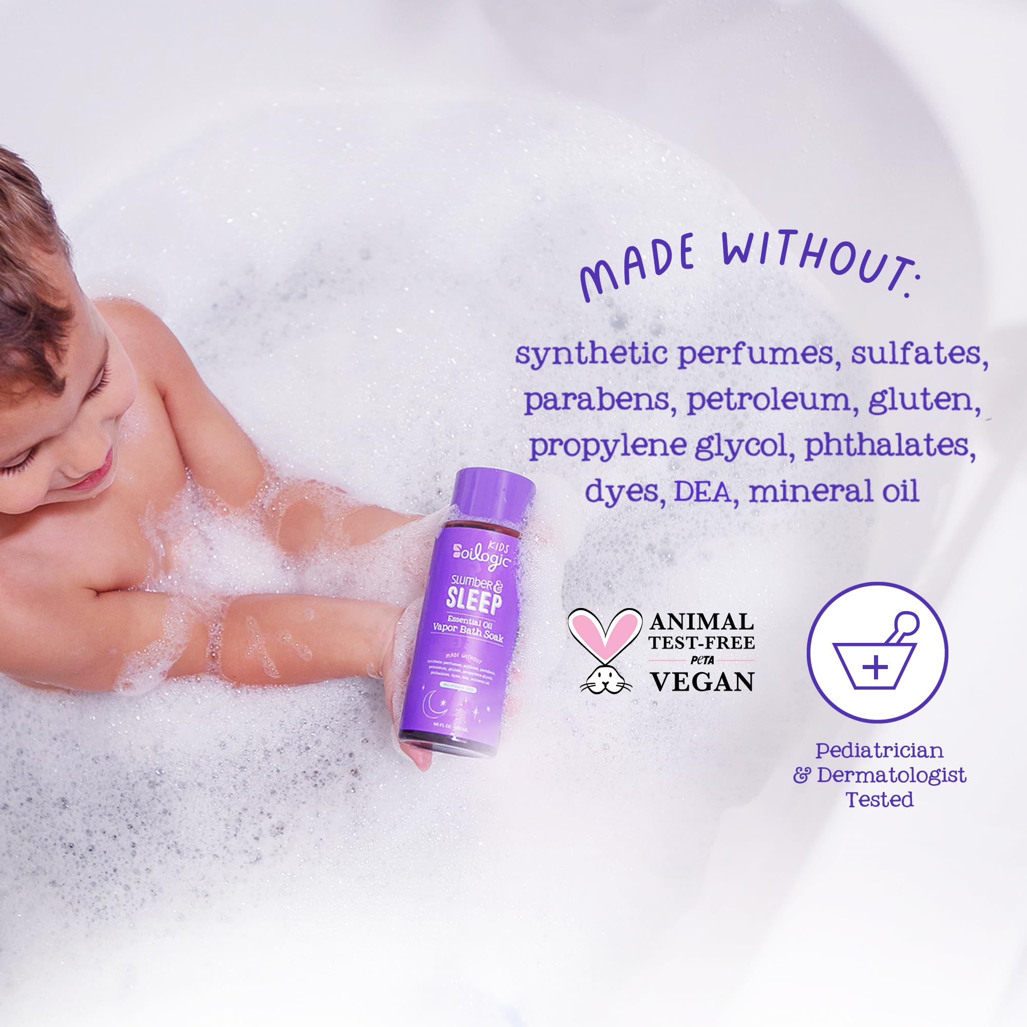 Oilogic Slumber & Sleep Vapor Bath Soak in tub scene illustrates gentle cleansing for baby skin