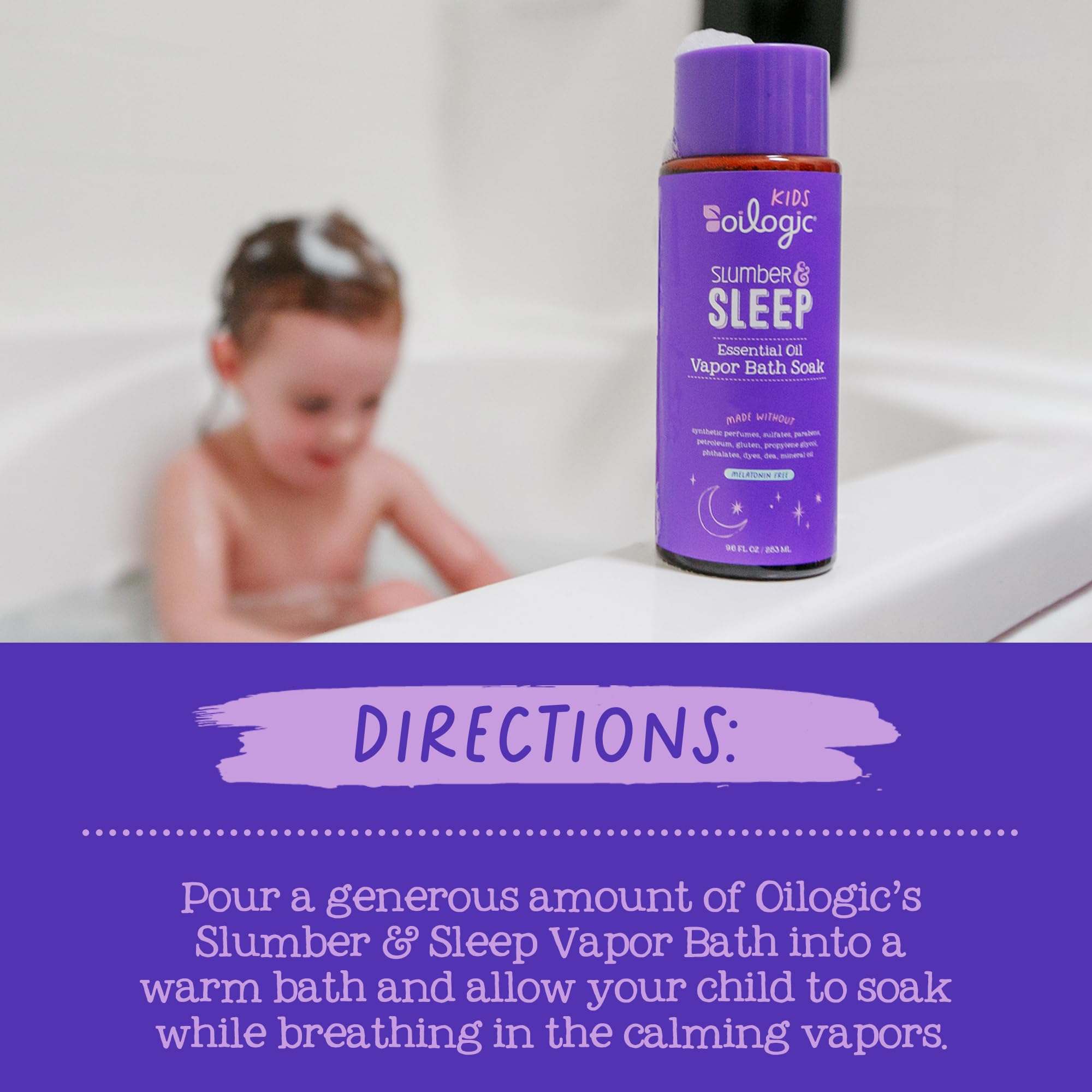 Oilogic Slumber & Sleep Vapor Bath Soak pour over washcloth emphasizes calming vapors for bedtime