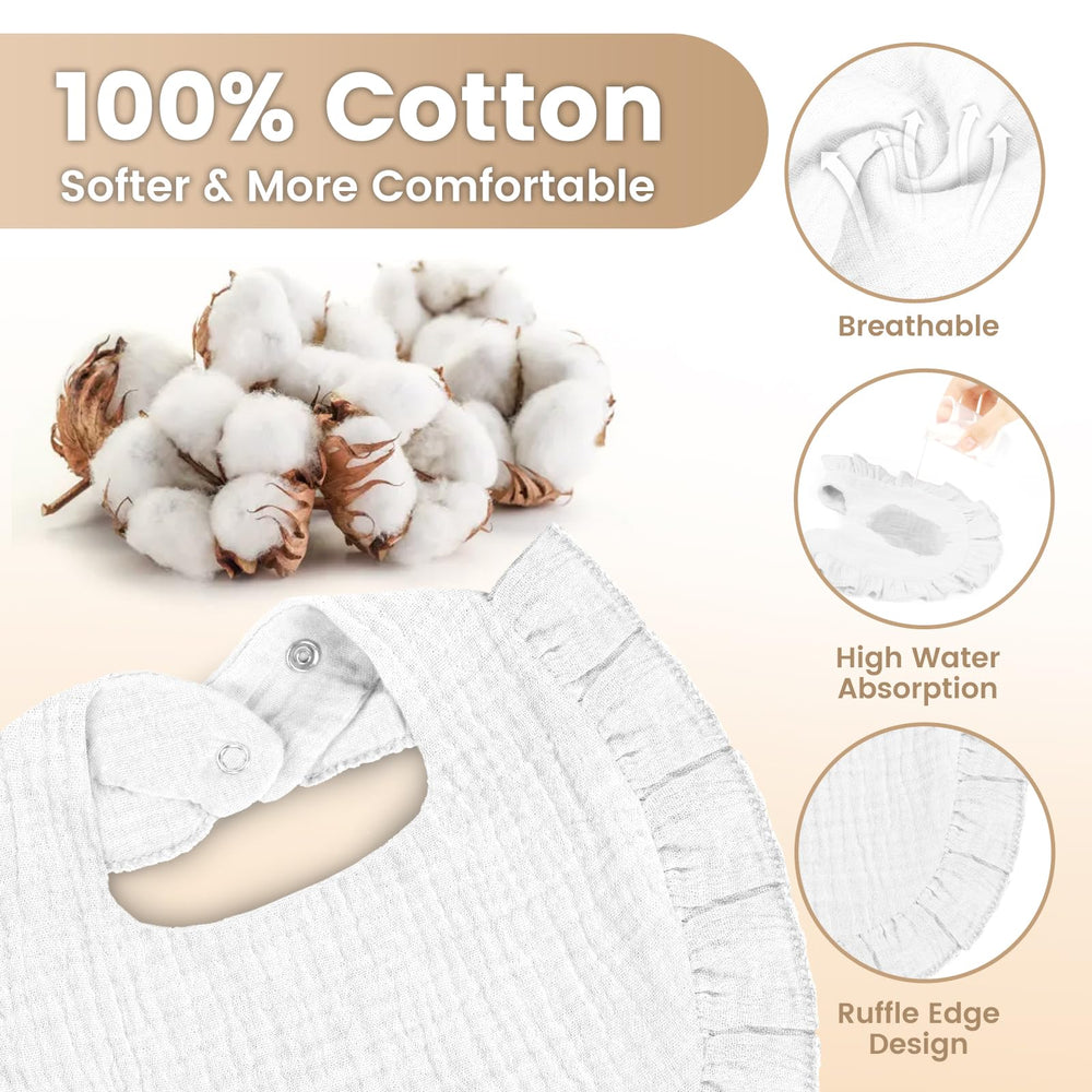 Oiomniv muslin bibs adjustable snaps closeup highlights comfortable fit for growing babies.