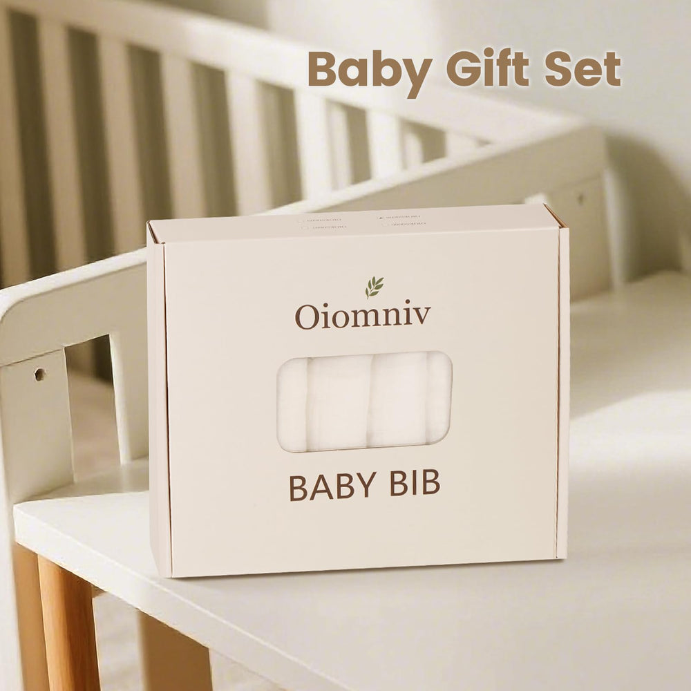 Oiomniv muslin bibs gift-ready packaging closeup emphasizes thoughtful baby gift.