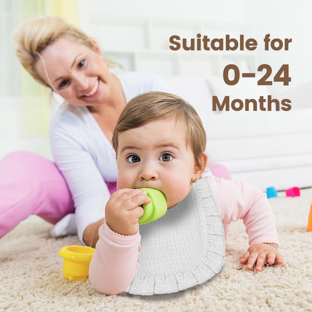 Oiomniv muslin bibs multi-use design image shows burp cloth and feeding bib versatility.