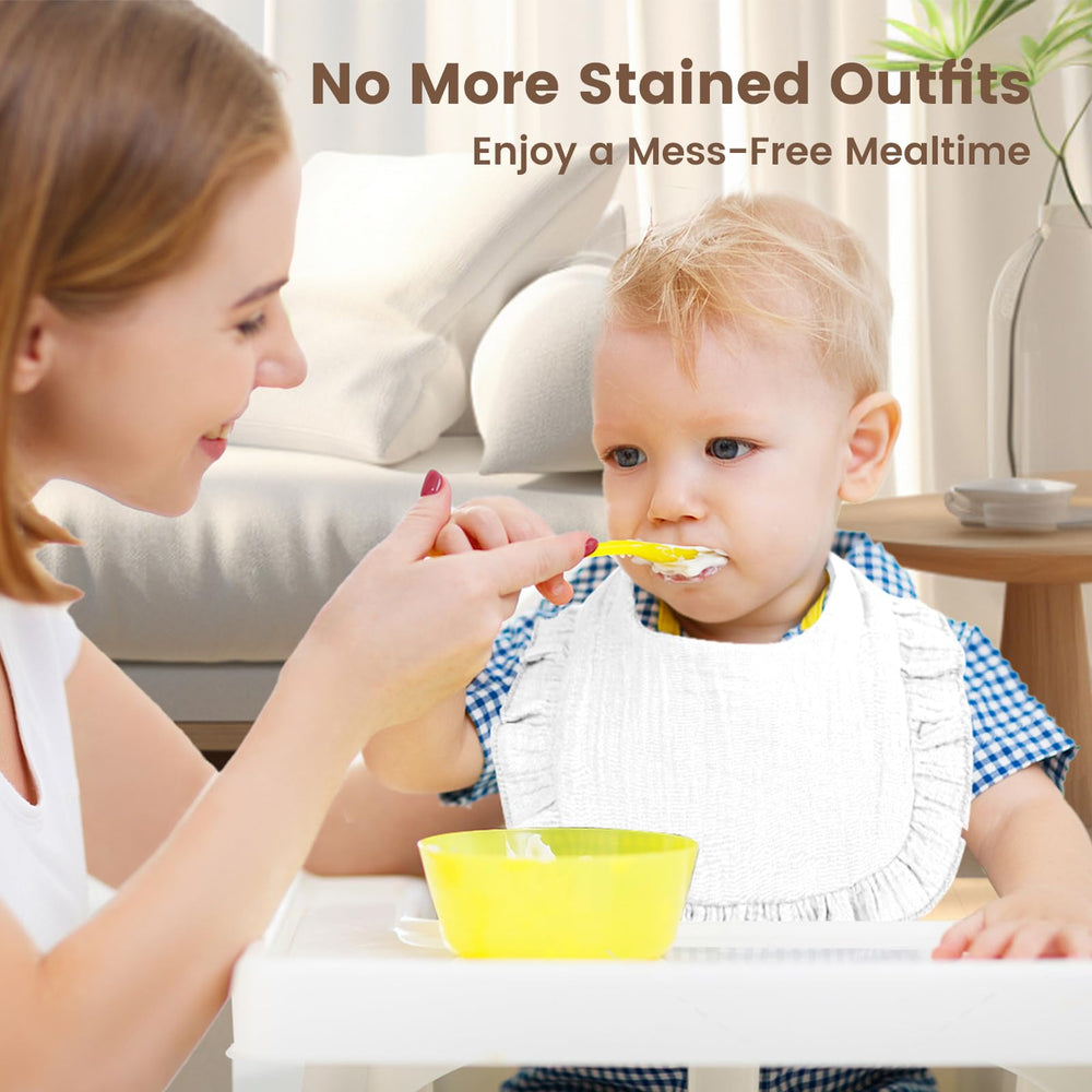 Oiomniv muslin bibs newborn to toddler fit image shows 0-24 month sizing.