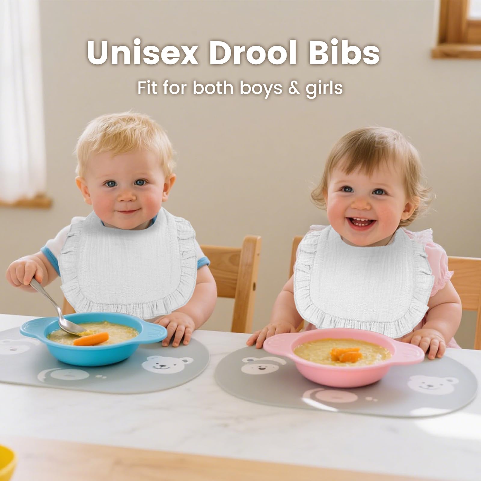 Oiomniv muslin bibs soft fabric closeup emphasizes breathable 100-percent cotton for sensitive skin.