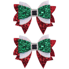 OIUUBBII sparkle Christmas hair bow clip in glitter red-green, perfect for festive photos.