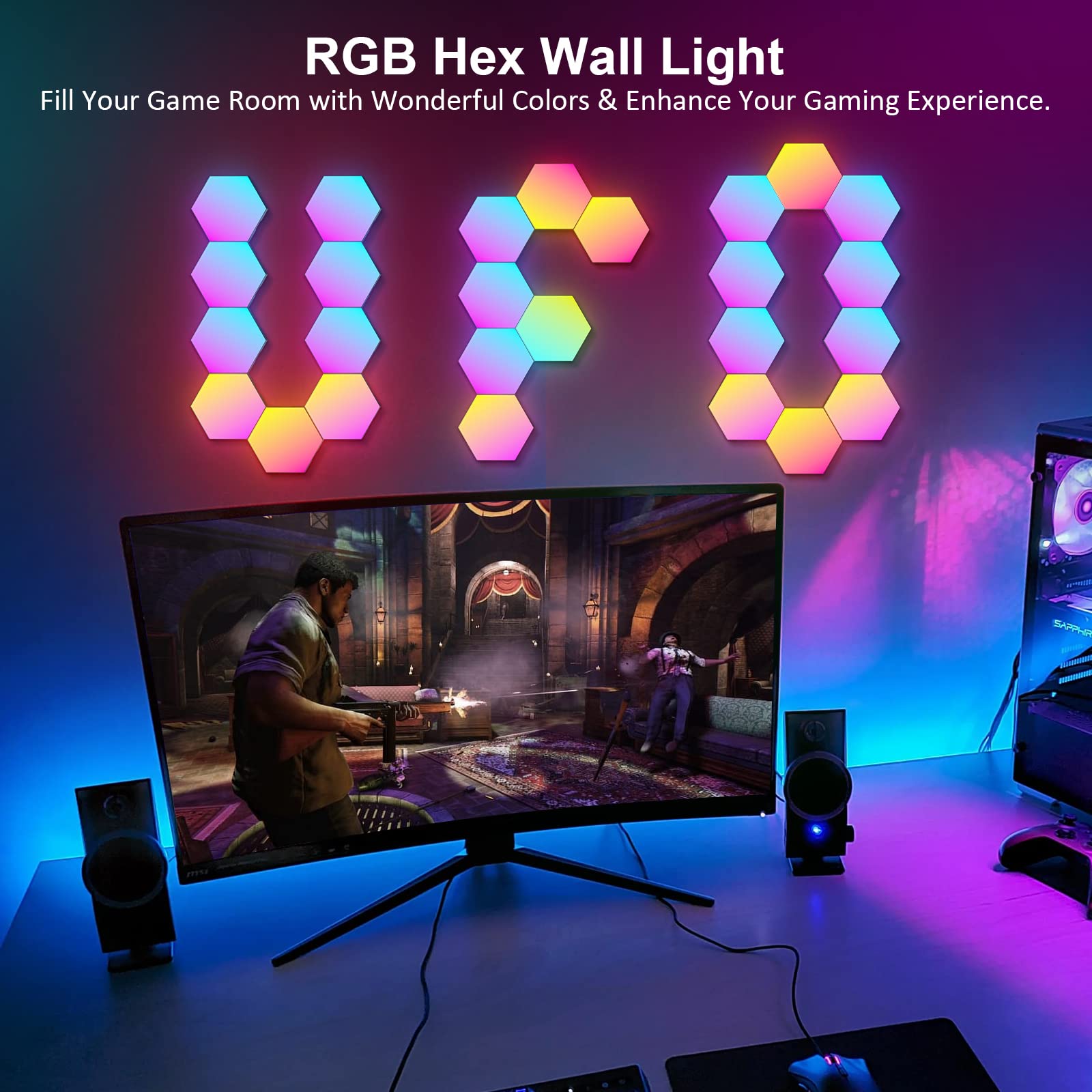 OJQ hexagon lights colors rainbow demonstrates 16-million color options for ambience.