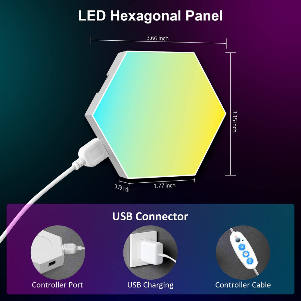 OJQ hexagon lights gaming setup displays immersive RGB mood lighting.