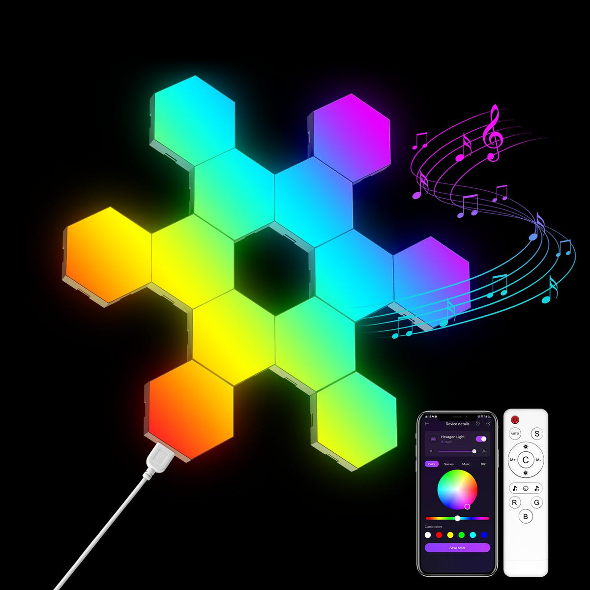 OJQ hexagon lights packaging shows a 12-pack gift-ready set for vibrant rooms.