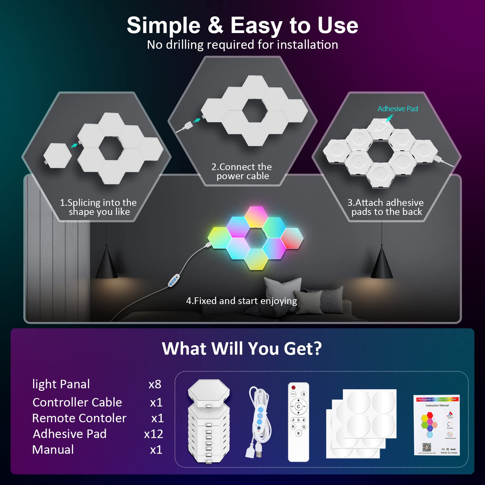 OJQ hexagon night light with remote control and app for effortless ambiance
