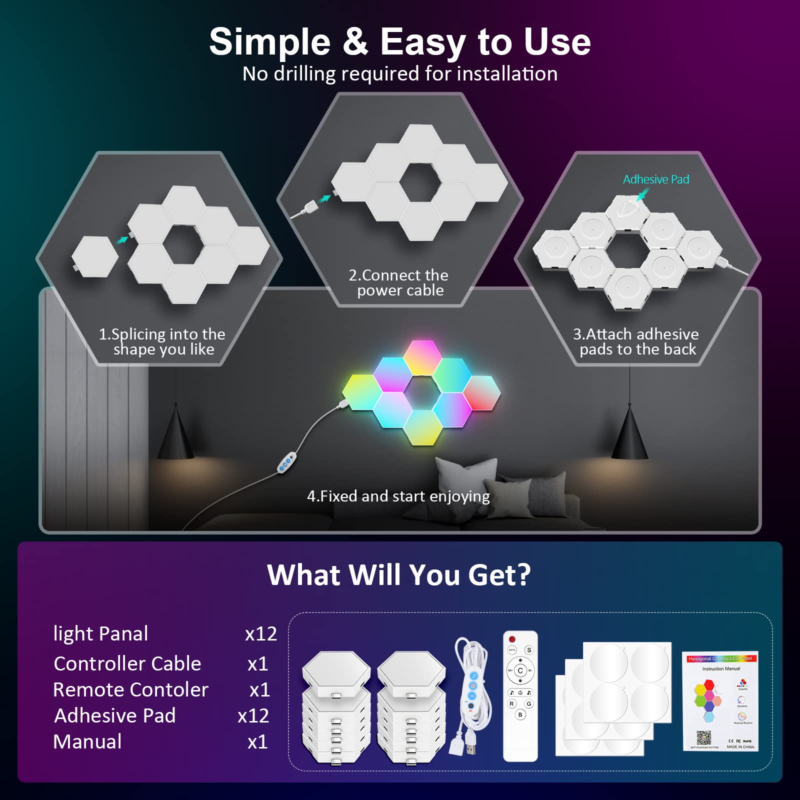 OJQ hexagon lights USB connection supports flexible power options.